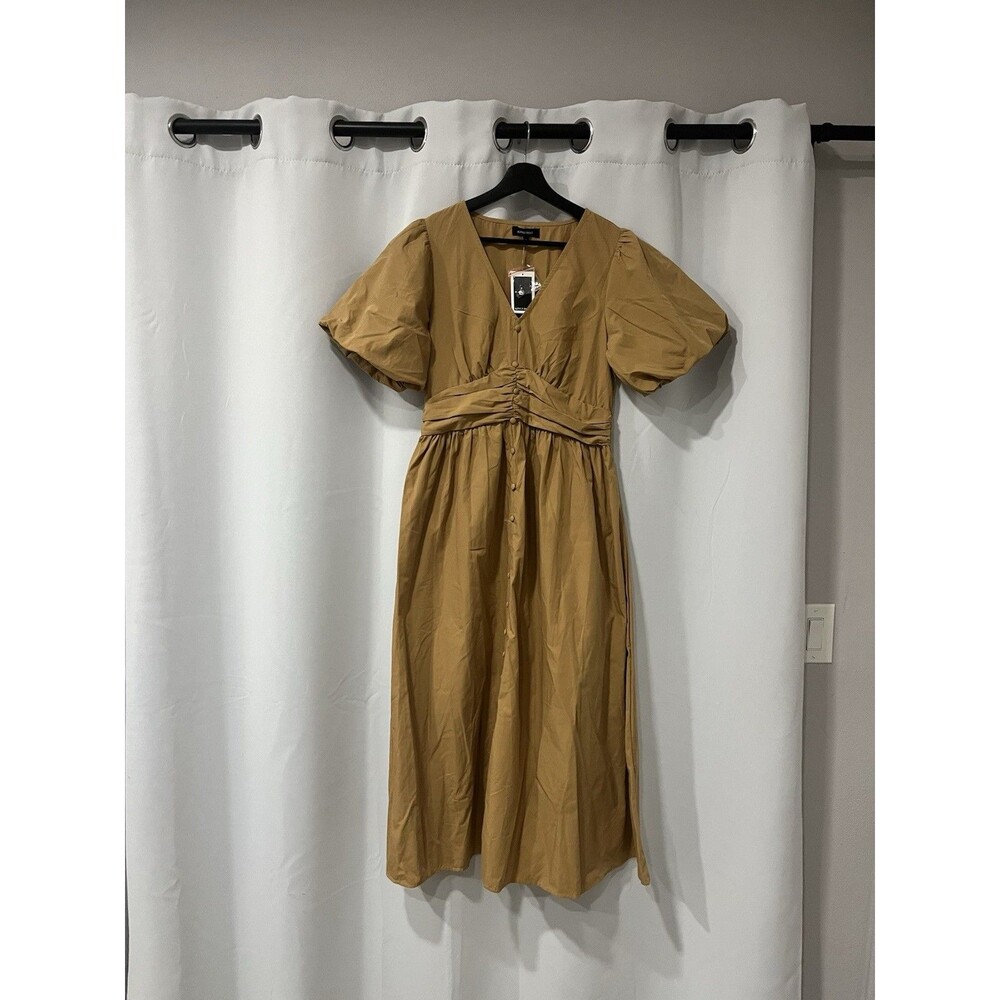 Kings Road Mustard Yellow Puff Sleeve Midi Dress Womens Medium M NWT Cottagecore